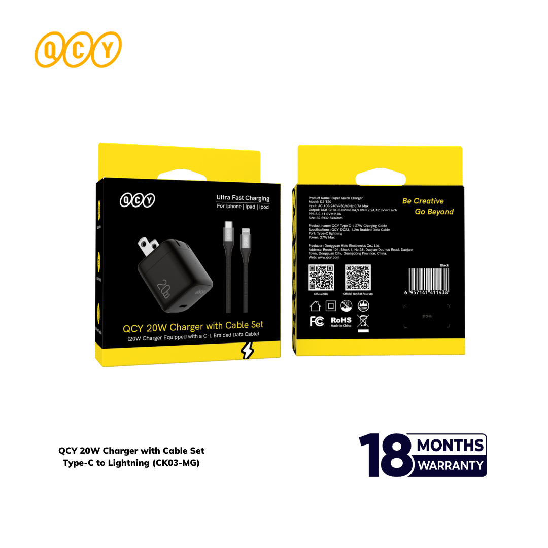 QCY 20W Charger with Cable Set Type C to Lightning Combo (CK03-MG)